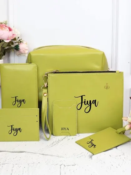 Our complete personalized travel set in a bright lime green. A fun and vibrant color to make your travel accessories stand out.