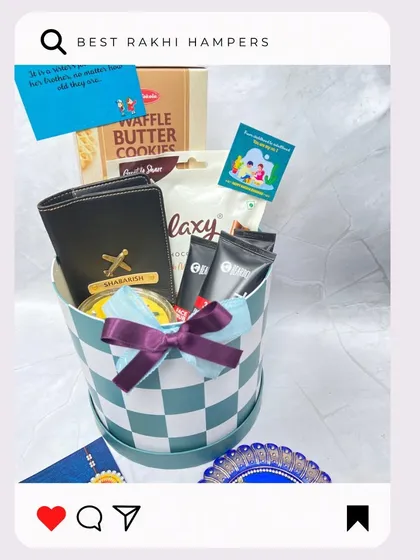 Our checkered 'Box Hamper' for Rakhi is a stylish choice. It includes a personalized wallet, waffle butter cookies, and other goodies, complete with a cute handwritten note.