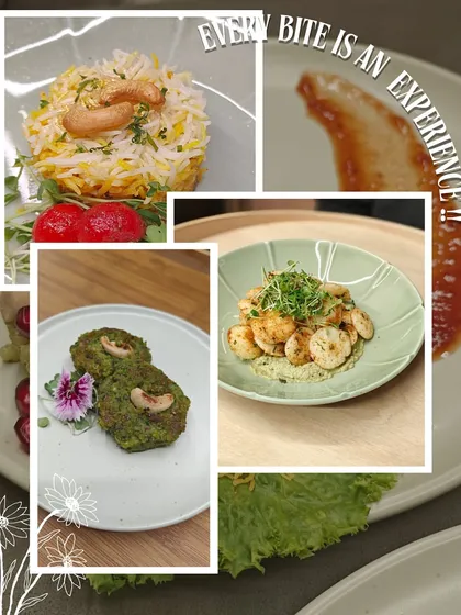 A collage of our plated dishes, where every bite is an experience. From savory cakes to stacked rice, each plate is a work of art, celebrating flavor and presentation.