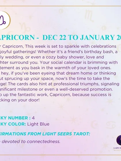 A joyful weekly tarot forecast for Capricorn. The reading points to celebrations, joyful gatherings, and significant milestones in both personal and professional life.