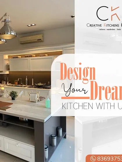 We design dream kitchens that blend style and innovation. This graphic highlights a classic white kitchen with a functional island, showcasing our ability to create spaces that are perfect for the modern family.
