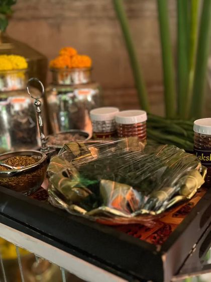 A traditional Paan (betel leaf) station set up for a Diwali event. This adds an authentic and refreshing final touch to the culinary experience for your guests.