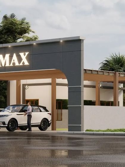 An angled view of the showroom entrance, showing how it appears from the street to attract customers.