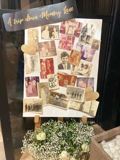A trip down memory lane. For this 70th birthday, I created a beautiful photo collage board, allowing guests to reminisce and celebrate a life well-lived.