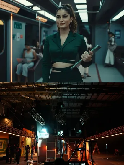 A comparison showing the final shot of the talent in the Motorola ad versus the on-set reality. Our lighting rig is visible above, creating the polished look of the final product.