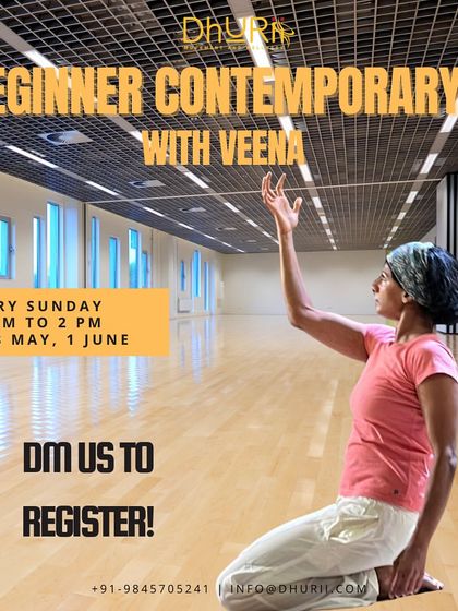Our contemporary batches are open for all levels. This poster highlights our beginner class with Veena, a perfect starting point to explore technique, play, and the power of your own movement.