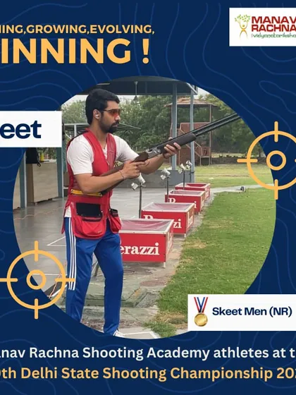 Our skeet shooter Vineet in action. He secured the Gold medal in the Skeet Men (NR) category at the 39th Delhi State Shooting Championship, a testament to his skill and our coaching.