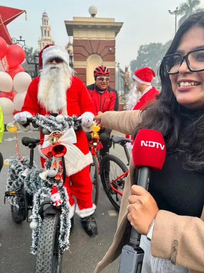 Our Christmas ride even caught the attention of the media! A reporter from NDTV interviews one of our Santas.