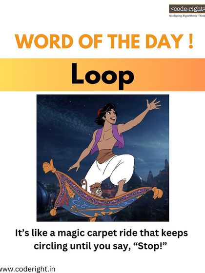 Word of the Day: Loop. We explain it with a fun analogy: it's like a magic carpet ride that keeps circling until you give the command to stop. This helps kids understand repetition in code.