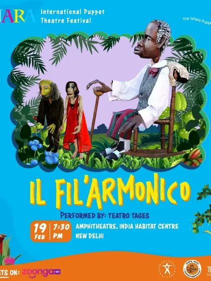 The poster for 'Il Fil'armonico' from Teatro Tages, Italy. The artwork beautifully illustrates the show's theme of an old man reminiscing on his life through his marionettes.