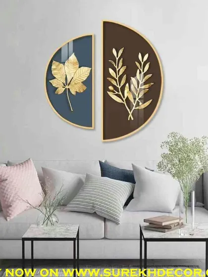 This set of two semi-circular crystal paintings features golden botanical designs. The pairing creates a complete circle, symbolizing unity and nature in a modern, artistic format.