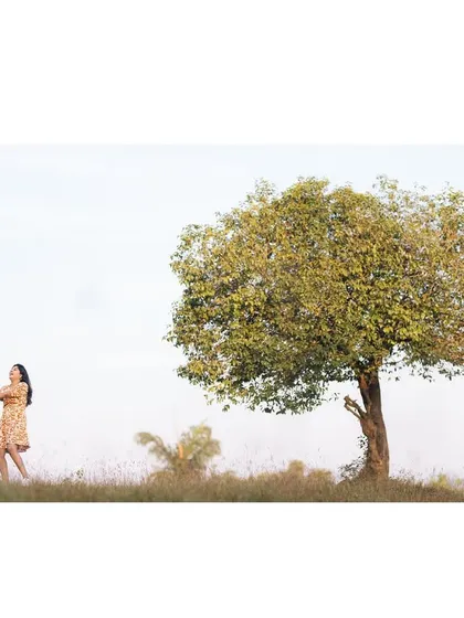 A wide, cinematic shot of the couple holding hands under a lone tree, creating a feeling of a world that is all their own.