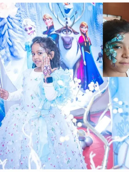 Beyond decor, we offer fun activities like professional face painting to match your party's theme. Here, a guest at a Frozen party gets a beautiful snowflake design, adding to the immersive experience.