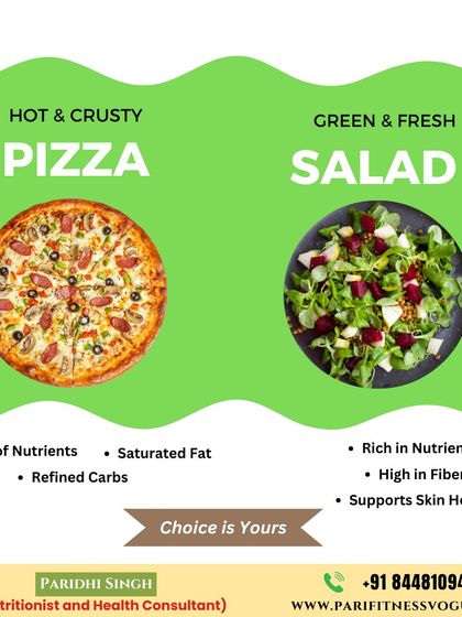 Pizza or Salad? The choice you make impacts your health. While pizza is high in refined carbs and saturated fat, a fresh salad is rich in nutrients and fiber, supporting your overall health.