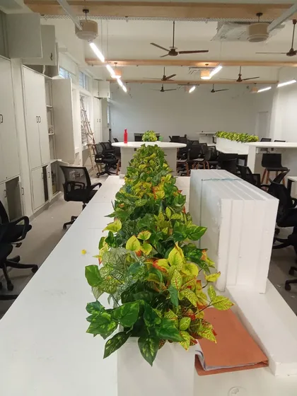 An in-progress shot of long planters being installed on top of desks in a large open-plan office.