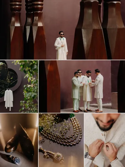 A collage of the groom's details. From his stylish shoes and intricate necklace to the moments of getting ready with his friends, this captures the essence of the groom's preparation.