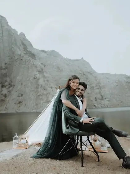 For our pre-wedding shoots, we love creating something truly epic and cinematic. Here, we used the dramatic landscape of the Yelanka white rocks to create a breathtaking, romantic portrait that feels like a movie poster.