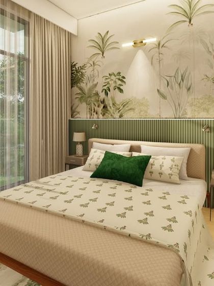 This bedroom brings the outdoors in with a botanical-themed wallpaper and a color palette of soft greens and beiges. The large window and indoor plant enhance the connection to nature, creating a fresh and calming retreat.