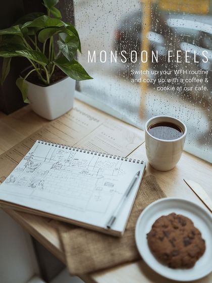 Monsoon feels at our window seat. It is the perfect spot to switch up your WFH routine, with a warm drink, a notebook, and the sound of rain outside.