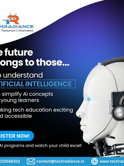 An ad for our Artificial Intelligence programs, stating that we simplify complex AI concepts for young learners to make tech education exciting.