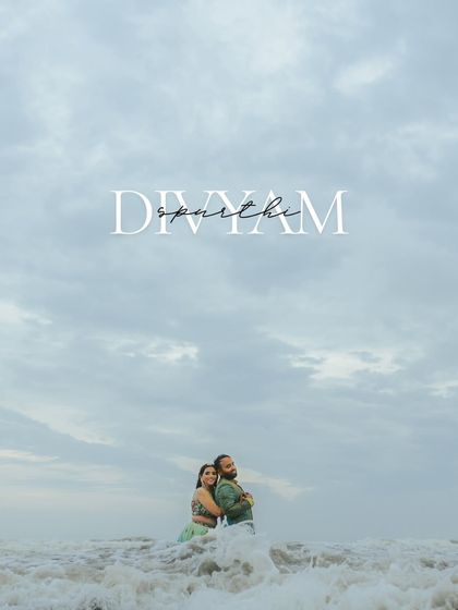 An artistic portrait of the couple in the ocean, with their names elegantly overlaid. This style of image is perfect for a wedding album cover or a "save the date," combining romance with a modern design aesthetic.