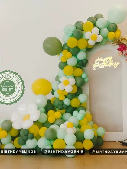 Another take on the daisy theme, this time with a more prominent green and yellow color scheme. The neon sign and floral bouquet add an extra touch of style.
