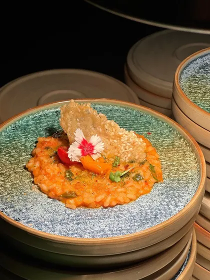 A close-up of our risotto entree, showcasing the fresh ingredients and artistic garnish. It's a promise of impeccable taste and unmatched fusion.