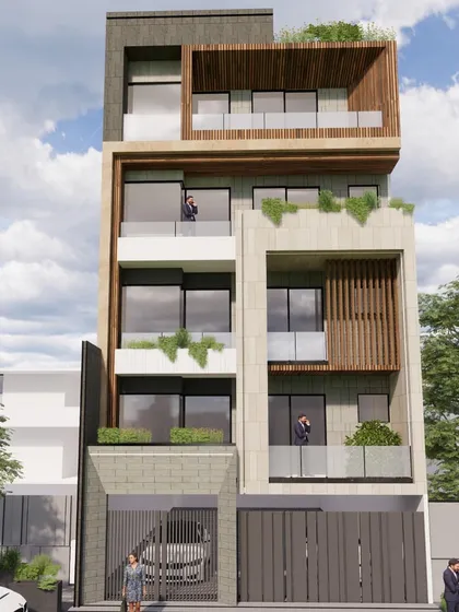 A facade design characterized by linear voids and walls. The composition creates a strong vertical rhythm, with recessed balconies and a mix of stone, wood, and plaster finishes.