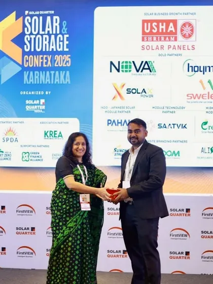 I was honored to receive the "Company of the Year – Sustainable Technology Integration" award at the Solar & Storage Expo 2025 in Karnataka.
