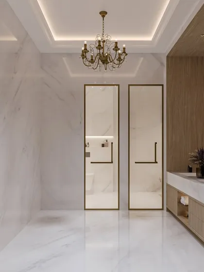 This bright and airy bathroom concept uses white marble on the walls and floors, creating a sense of clean, timeless luxury. Warm wood accents and a classic chandelier add a touch of elegance and warmth.