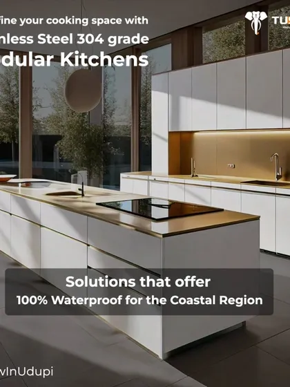 For homes in coastal regions, a waterproof kitchen isn't a luxury, it's a necessity. This elegant white and gold kitchen design features my 100% waterproof SS 304-grade steel cabinets, offering complete peace of mind against humidity and moisture.