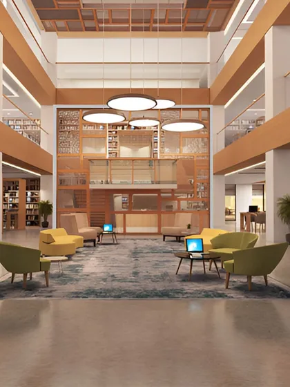 This render for the Amity University library in Mumbai shows a grand, multi-story space. We designed it with a mix of lounge seating and formal study areas to serve as a central hub for the campus community.