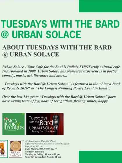 A poster detailing the history and significance of 'Tuesdays with the Bard', our Limca Book of Records-featured event.