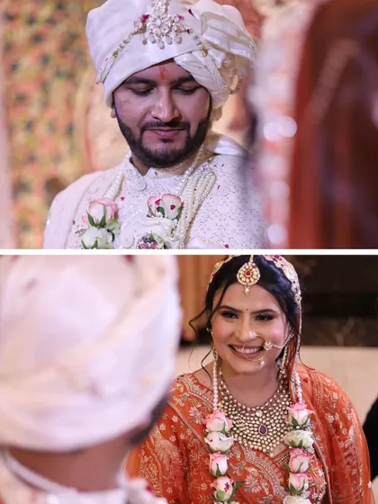 A collage showing two different perspectives of the couple's varmala ceremony, capturing both their expressions.
