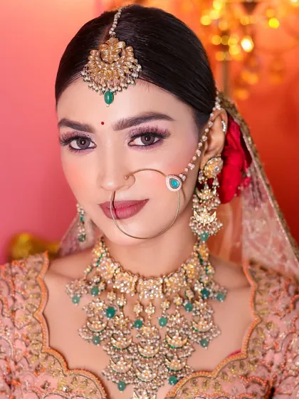A full view of the pink glitter bridal look, showing how the makeup, hair, and outfit come together for a stunning result.