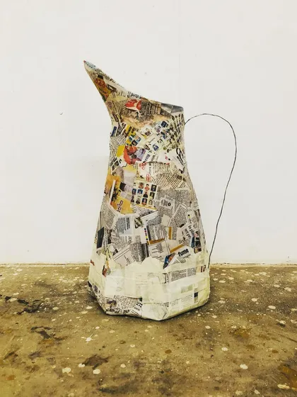 This is a work-in-progress papier-mâché jug made from old newspapers. I often find that the process is more interesting than the final piece. Here, I was musing on how water stores information and what it would be like if it replaced mainstream media as our source of news.