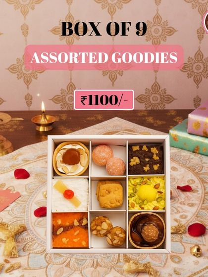 My Box of 9 Assorted Goodies is a taster's dream. It includes a variety of my best handcrafted sweets, from laddoos and barfis to mini brownies and nut clusters.