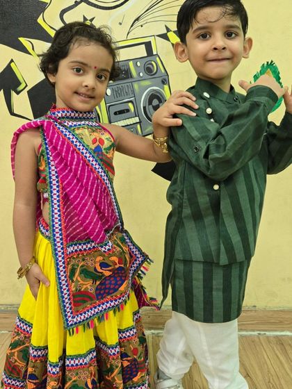Our little Radha and Krishna are ready for Janmashtami. We encourage kids to dress up and get into character for our festival-themed classes.