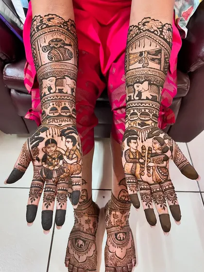 A complete bridal look, with intricate mehendi on both hands and feet, featuring family portraits.