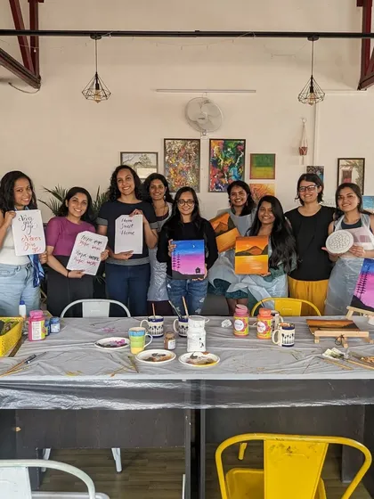 Look at these happy faces and the incredible art they created. Our workshops are all about brushing, giggling, and making memories together, with everything from calligraphy to canvas painting.