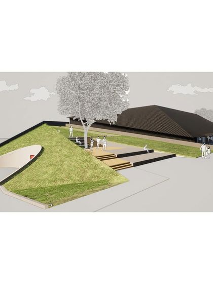 A render of the "Indoor Sports Center" showing how the building's green roof and landscaped plazas integrate it into the university campus.