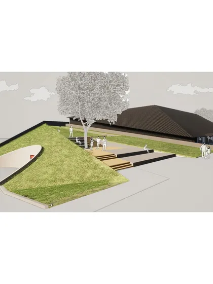 A render of the "Indoor Sports Center" showing how the building's green roof and landscaped plazas integrate it into the university campus.