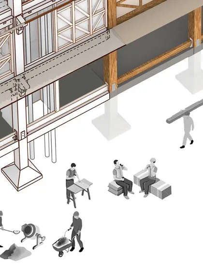 This conceptual illustration shows the human element of construction. It contrasts the on-site labor for concrete work with the pre-fabricated timber elements being brought in for assembly.