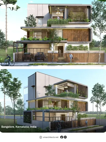 This Bangalore residence demonstrates my approach to modern urban architecture. The design uses clean lines, wooden louvers for privacy and texture, and integrated green balconies to create a dynamic facade that stands out in the city.