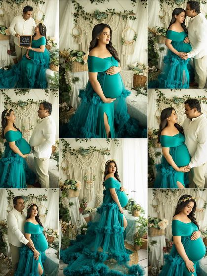 A collage showcasing a stunning twin pregnancy photoshoot. The mother-to-be looks incredible in a teal ruffled gown in our versatile boho studio.