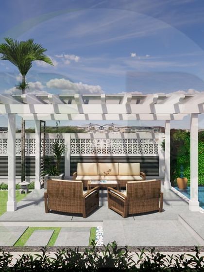A 3D render of a luxurious backyard concept. This design features a white vinyl pergola over a paved seating area, adjacent to a beautiful pond with water lilies and a vertical garden wall.