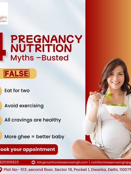 There are many myths around pregnancy nutrition. This graphic busts four common ones, like the need to "eat for two" or that more ghee is always better. I provide science-backed facts for a healthy, well-nourished pregnancy.