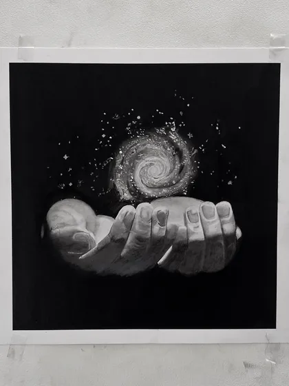 The "Space" drawing, taped to the wall. Even though I felt it didn't turn out perfectly, it was an important part of the learning process.