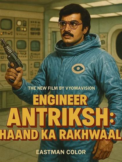 A retro-style poster for the fictional film 'Engineer Antriksh: Chaand ka Rakhwaala'. This is the kind of work I create for album covers or film promotions, blending the aesthetic of old Bollywood sci-fi with modern AI tools to create something both nostalgic and new.