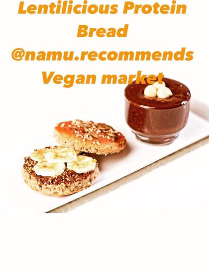 My lentilicious protein bread is a game-changer. This shot shows it served as open-faced toasts, one with banana and nut butter, alongside a cup of my rich chocolate mousse.